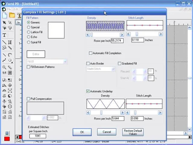 A close-up of the Forte PD Complex Fill Settings window where density, stitch length, gradiated fill, and underlay options are adjusted for a layered circle texture.