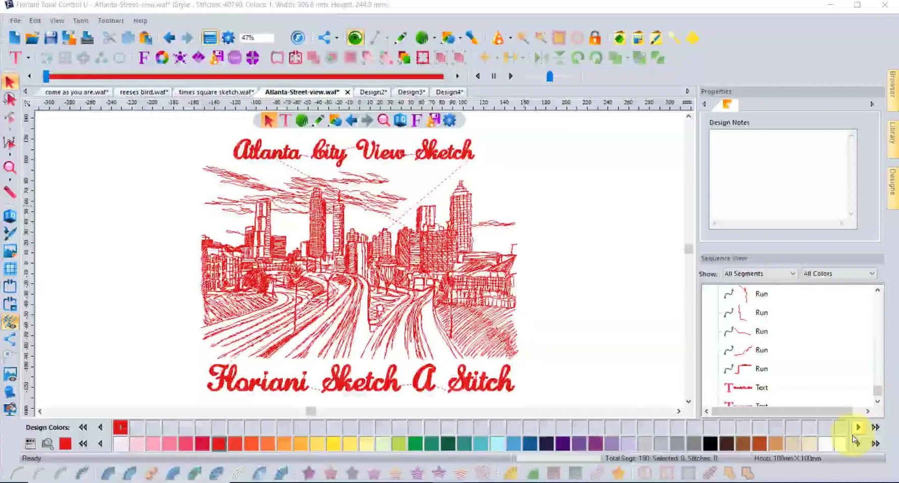 A screen capture of the Floriani interface showing a red line-work city sketch design that was traced from a photograph and converted into stitches.