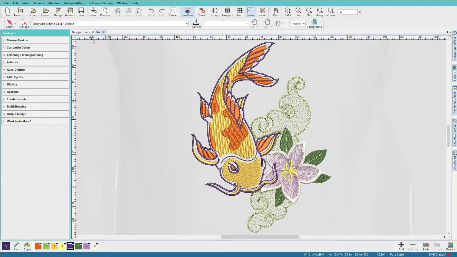 The Hatch Embroidery 2 main workspace with the Koi design open, showing the full interface layout you’ll use every day.