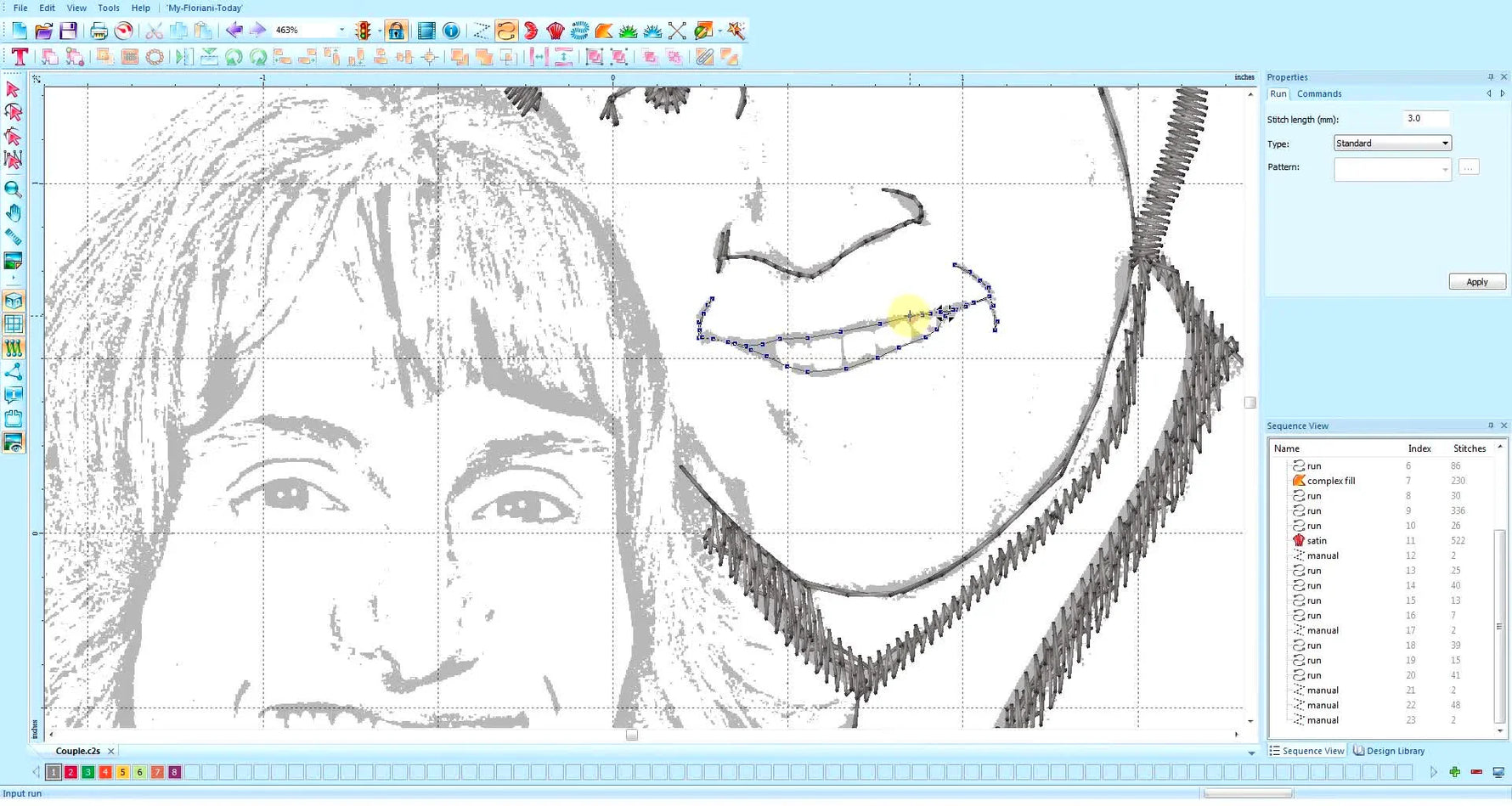 A close-up screen capture shows teeth digitized with partial running stitches to keep a hand-drawn pencil-sketch look.