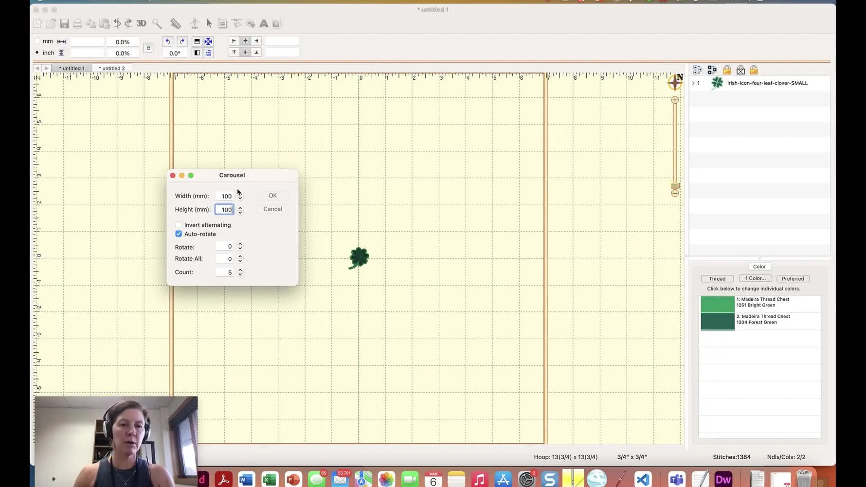 A 12-element clover wreath created with the Carousel utility is displayed on the Embrilliance grid.