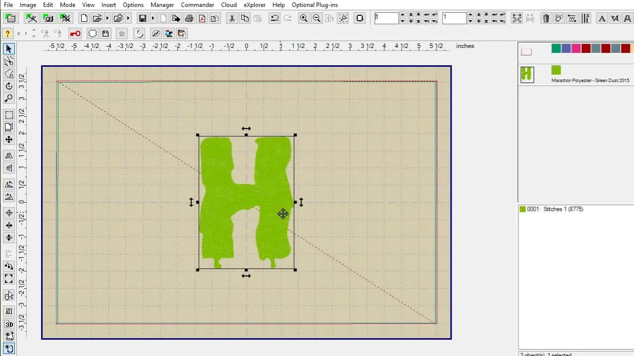 A large letter “H” is centered inside an embroidery hoop grid in Embird Editor, showing the exact placement goal for each banner section.