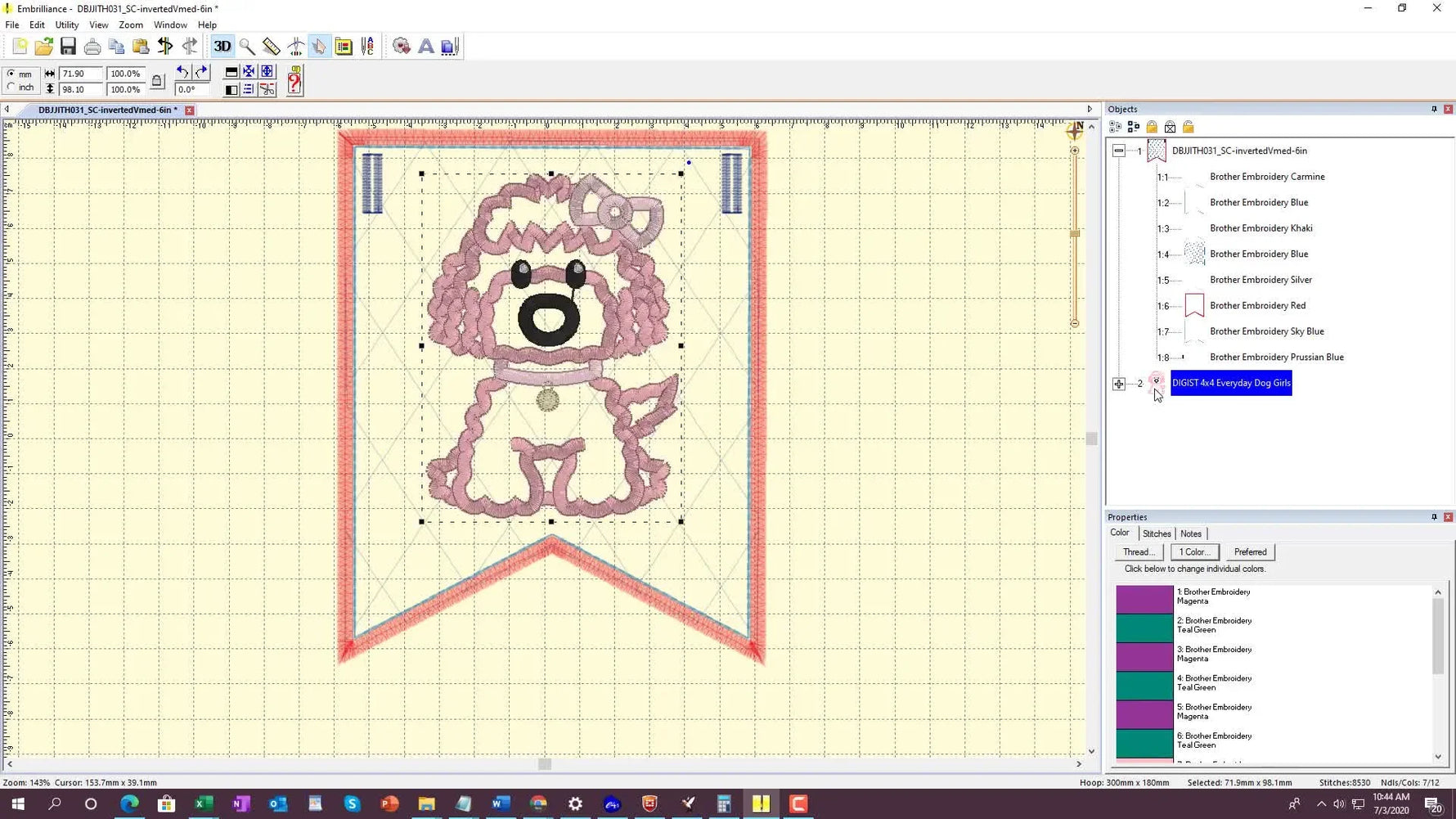 A close-up screen capture shows the dog appliqué object being dragged in the Embrilliance object tree to land directly under the quilting step for a clean-back ITH pennant.