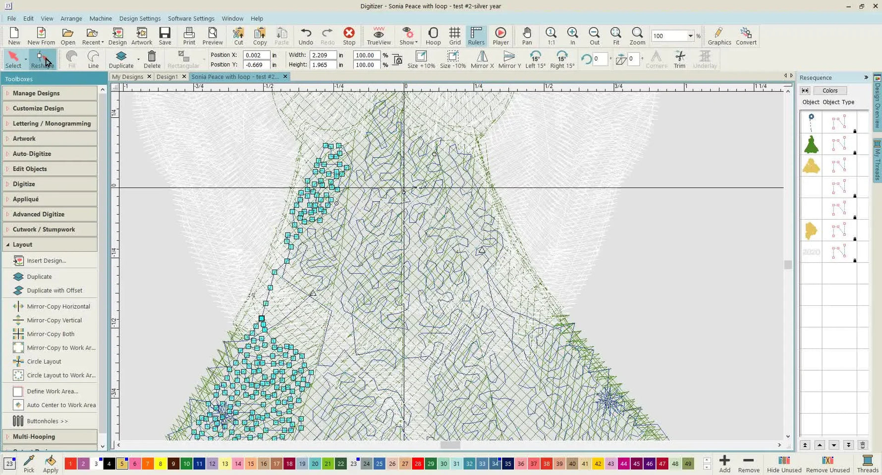 A close-up screen view of Digitizer MBX v5 with the Reshape tool active, revealing thousands of stitch nodes ready for precise deletion and path cleanup.