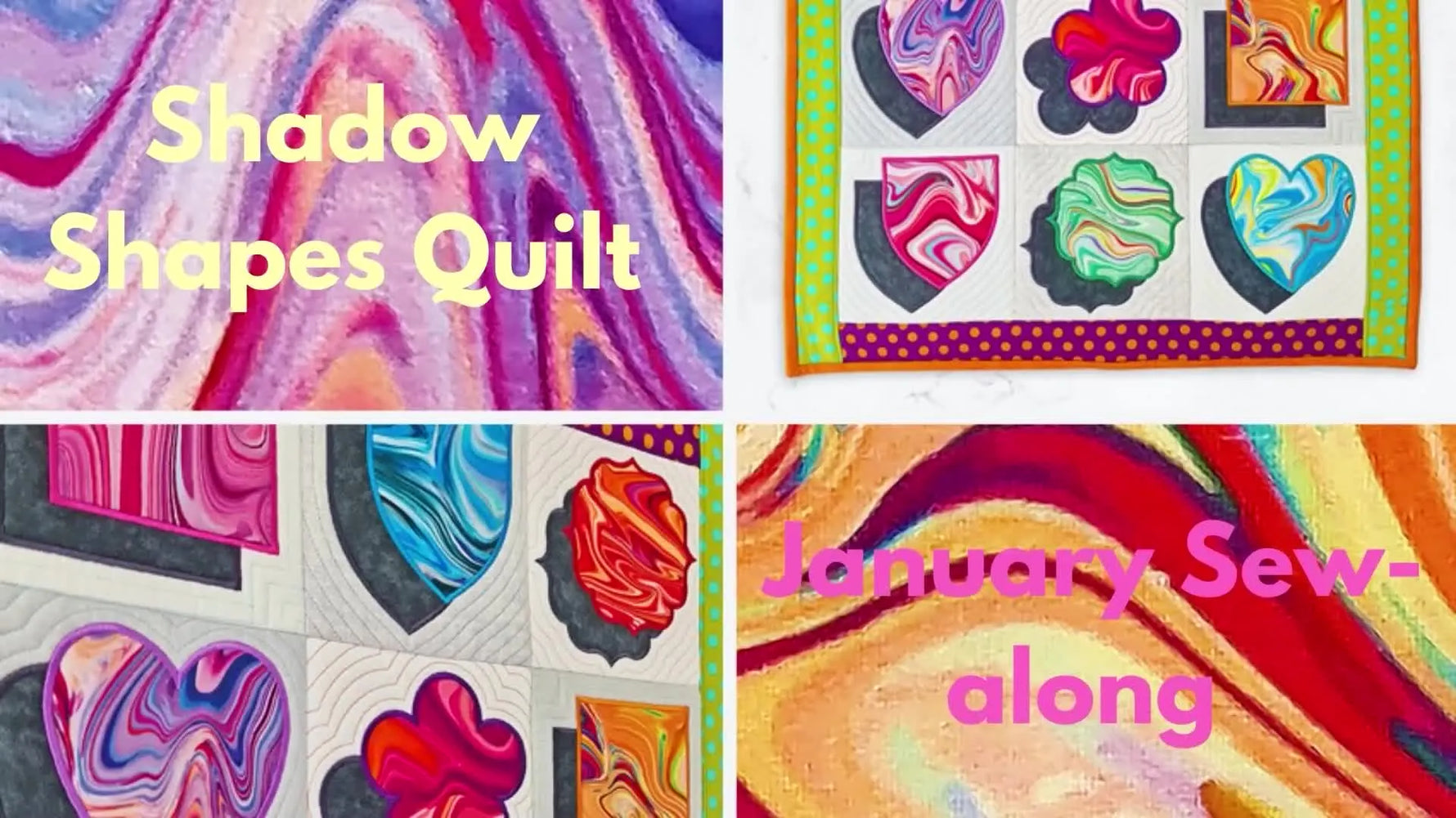 A finished Shadow Shapes Quilt with vibrant swirls and polka-dot borders, shown as a collage-style hero image.
