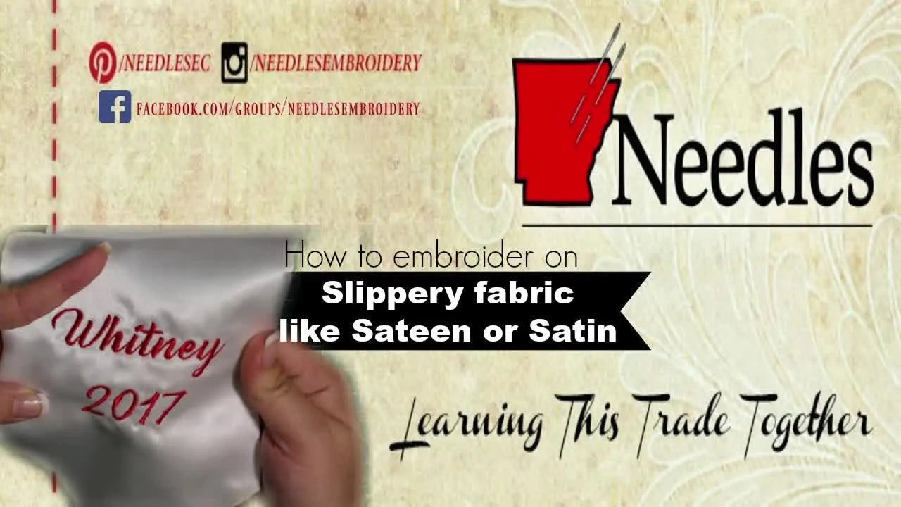 Title card for the tutorial on embroidering on slippery fabric like sateen or satin, showing a finished embroidered piece.