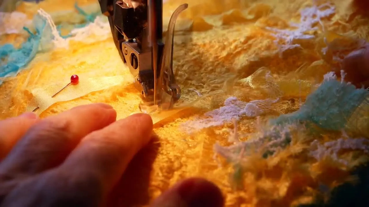 Close-up of free-motion embroidery on yellow fabric