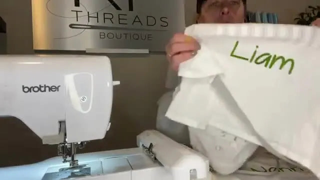A macro close-up shows tiny jump stitches connecting letters on the finished name embroidery, highlighting what must be trimmed for a clean professional look.