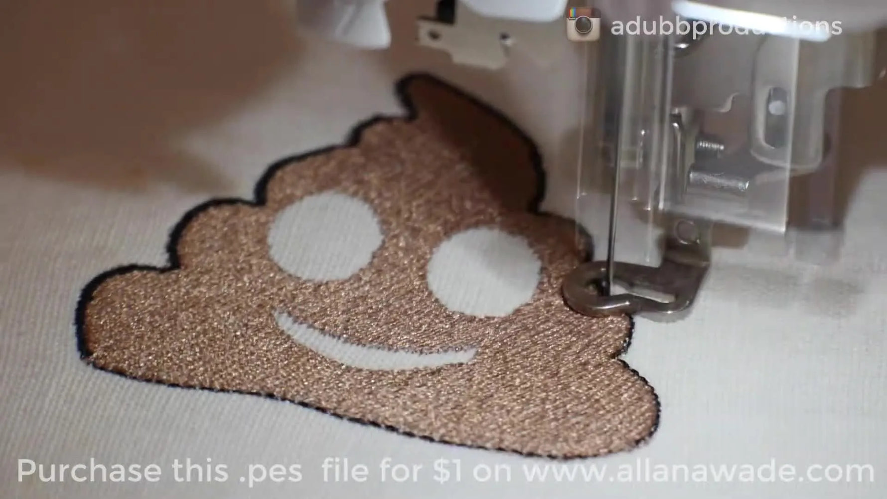 A finished multi-color Poop Emoji embroidery design sits cleanly registered inside a 4x4 hoop, showing the brown fill, black outline, and white details.