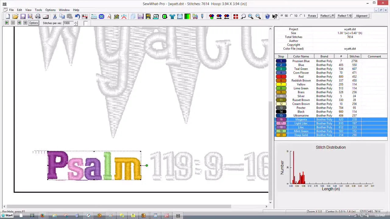 A SewWhat‑Pro screen capture shows the word “Psalms” being nudged left to close the gap after removing a letter.