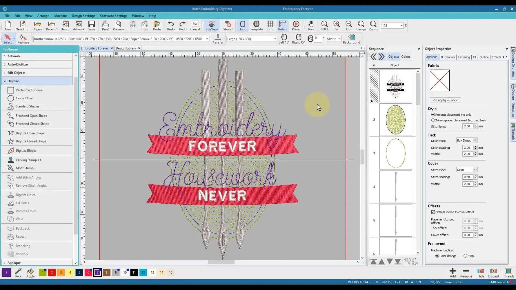 Hatch Embroidery software interface showing the design with banners and needles.