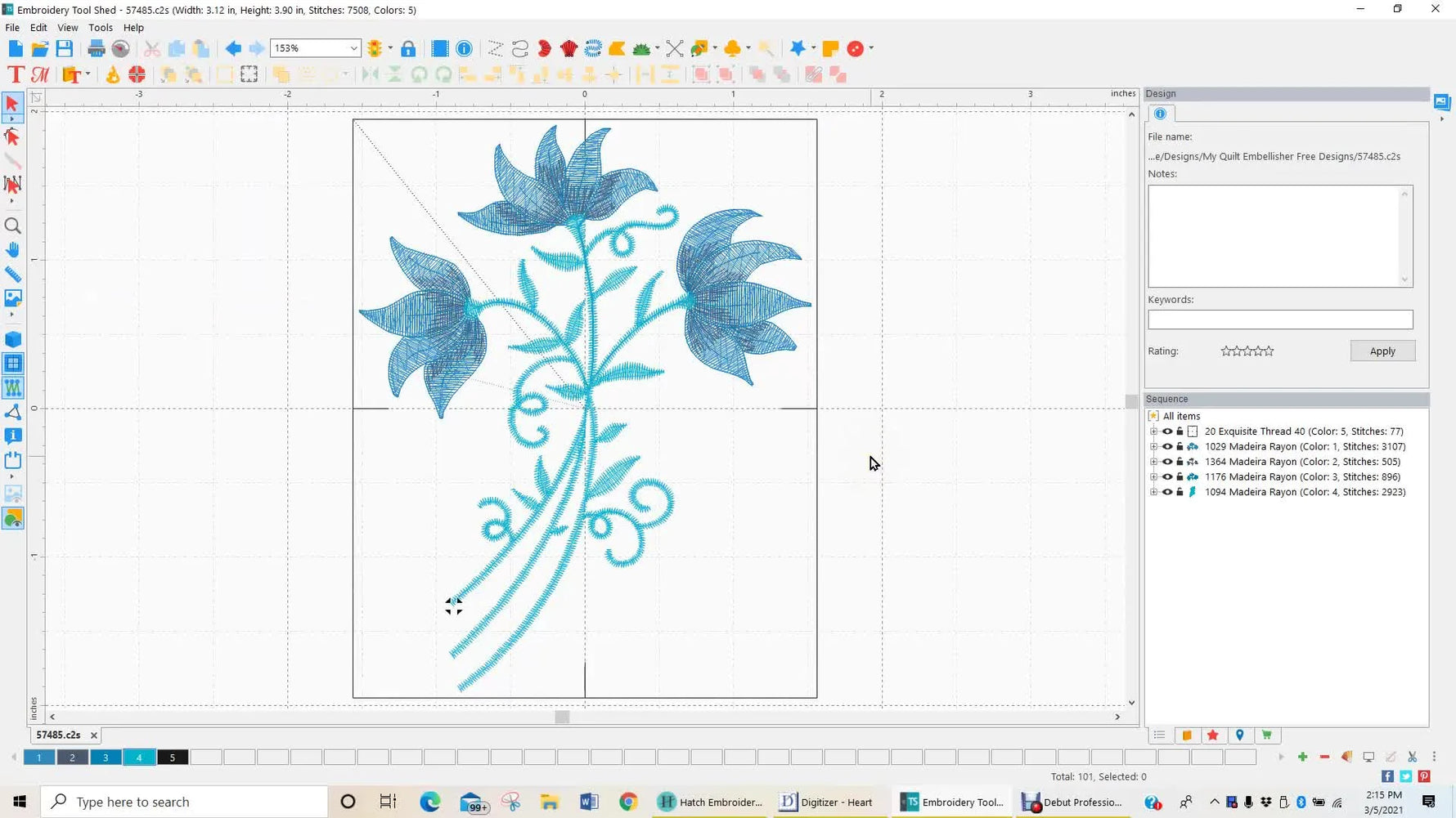 A screen capture of a flower design in Embroidery Tool Shed with a default Auto Baste box and crosshairs applied around the artwork.