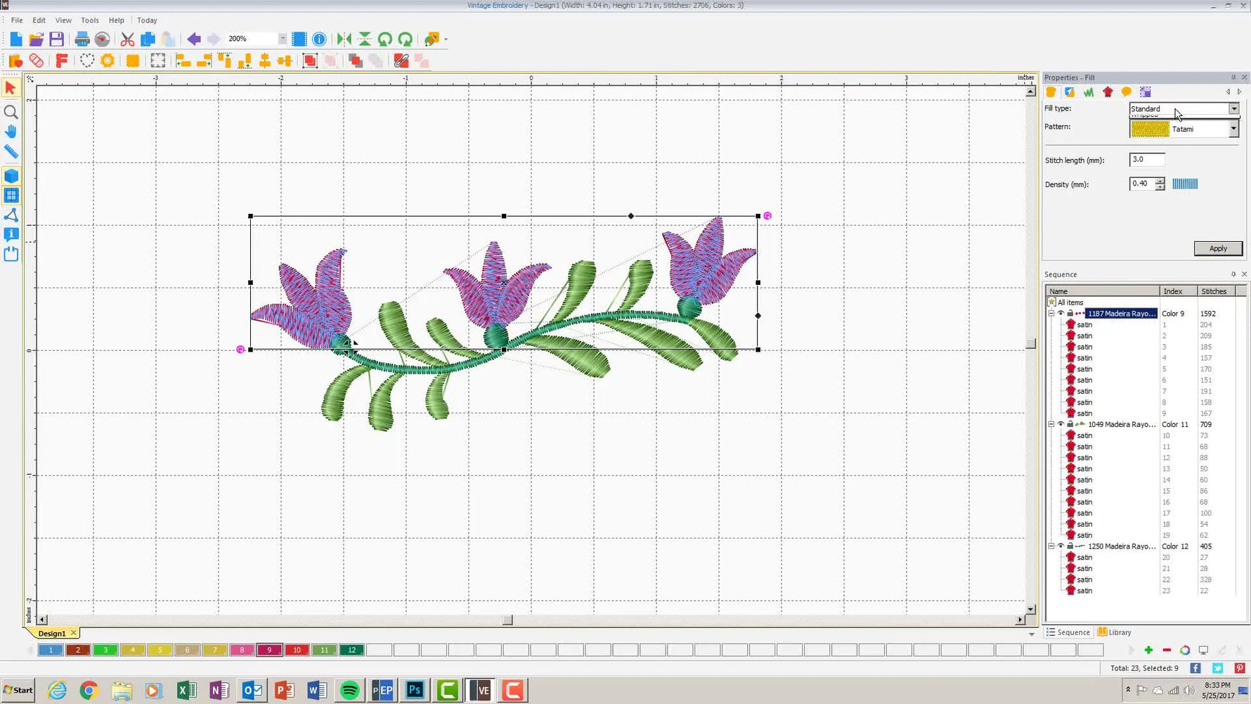 A screen capture shows the properties panel where the fill type is changed to Whipped to create a vintage-style stitch texture.