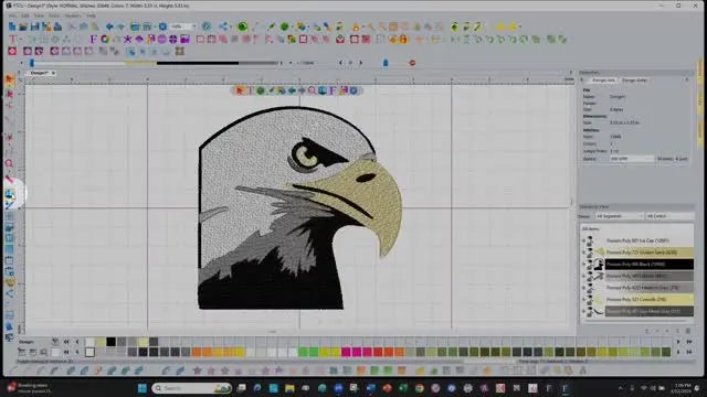 A Floriani FTCU screen capture showing the digitized eagle rendered in 3D View with realistic thread texture.