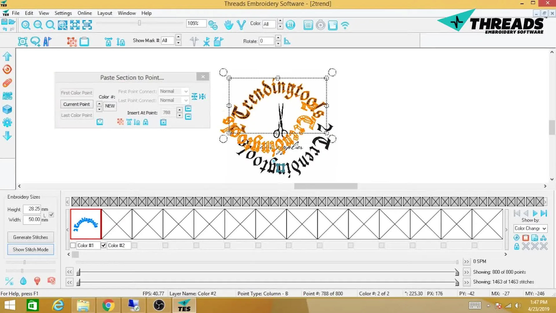 A screen capture shows the duplicated text arc flipped vertically to complete a circular logo around a central scissors icon.