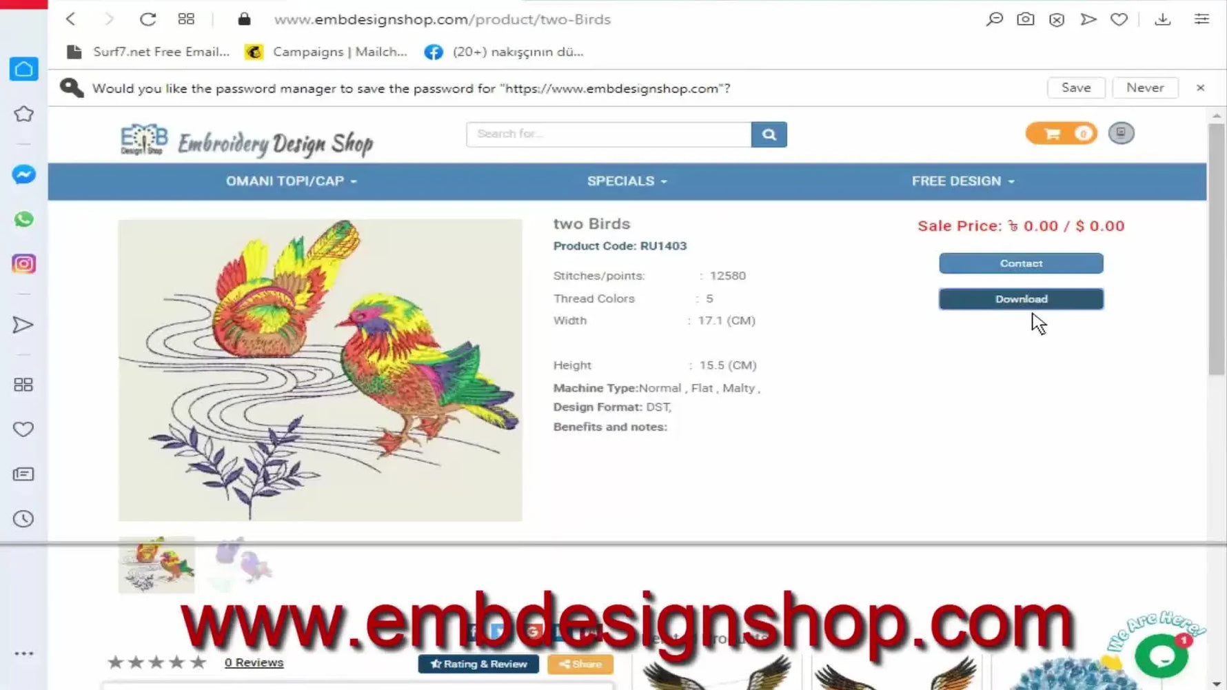A product detail page for the “two birds” embroidery design showing stitch count, size, formats, and the Download button.