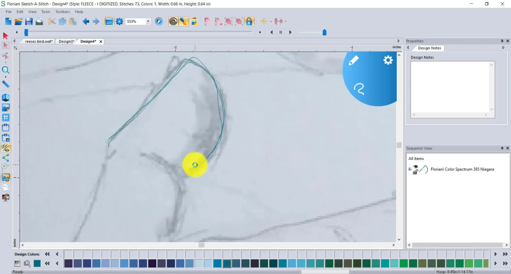 A screen capture shows a hand drawing loaded as a backdrop while blue sketch-style stitches are traced directly on top inside Floriani Sketch A Stitch.