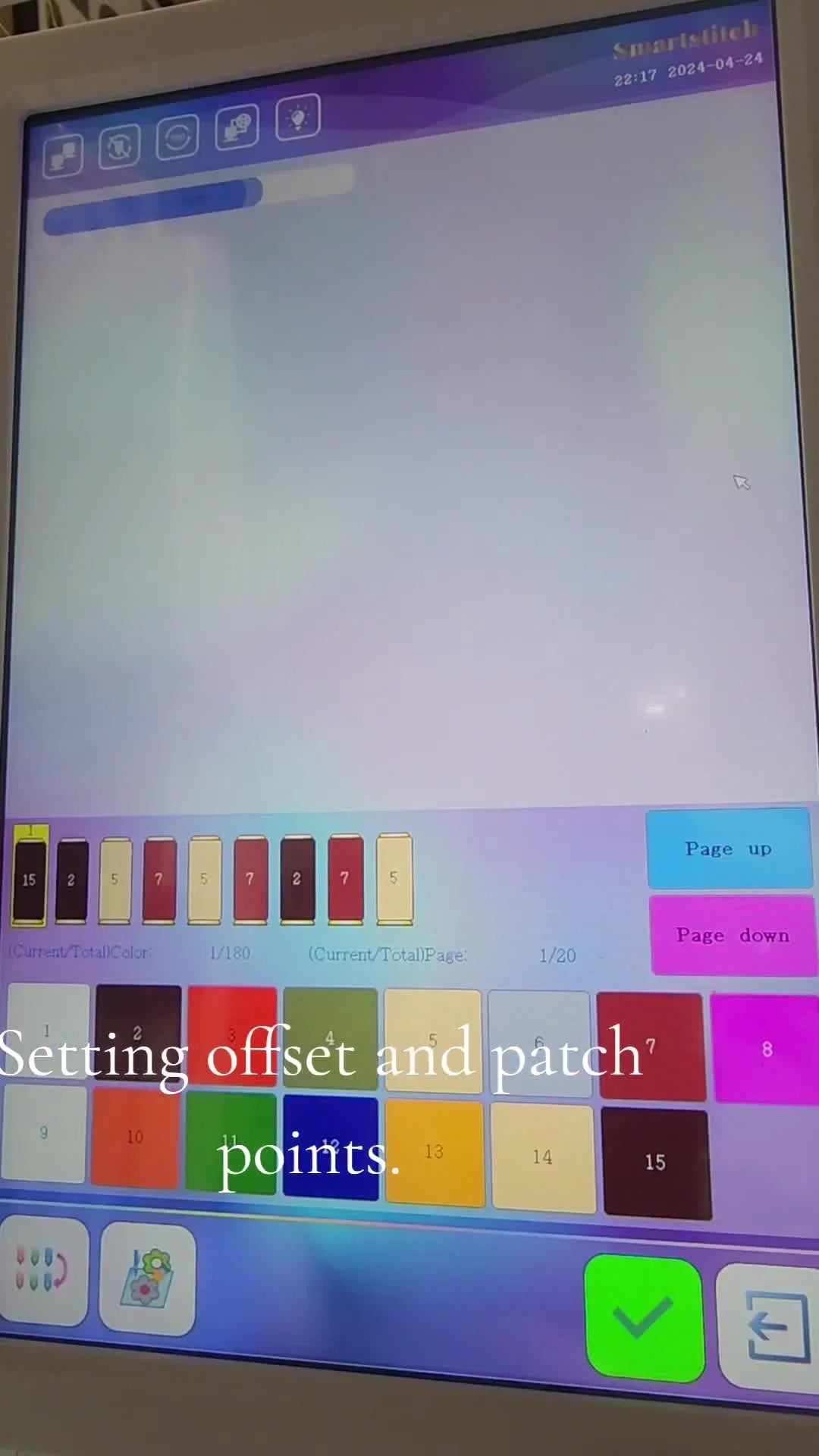 The Smartstitch 1501 color sequence screen shows 15 color blocks, where a specific color can be programmed to trigger an automatic offset stop.