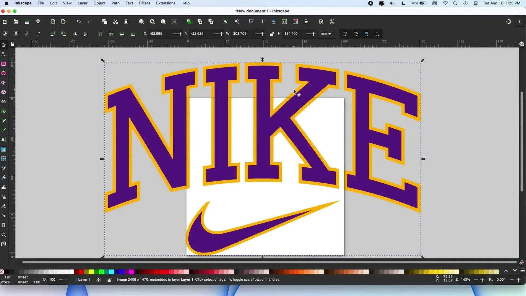 Large Nike Lakers logo imported into Inkscape, covering the canvas