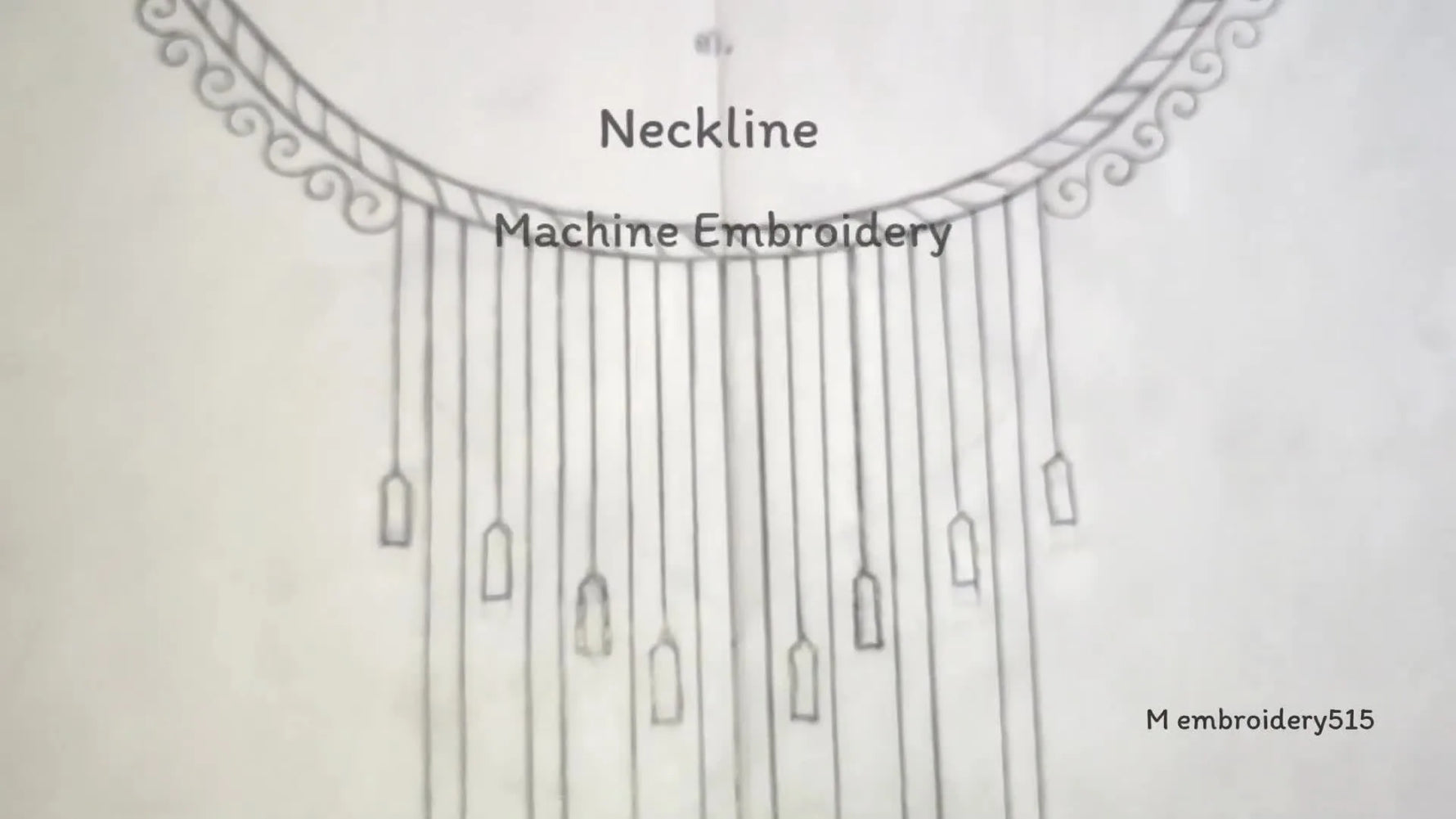 Detailed drawing of a neckline embroidery design with hanging tassels