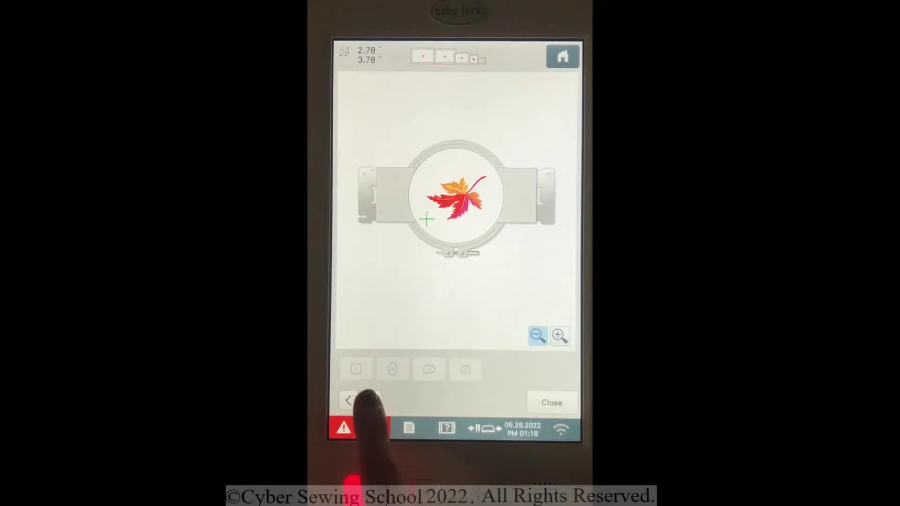 The machine’s hoop menu highlights the Magnetic Frame option so you can preview the stitch area before committing to a hoop.