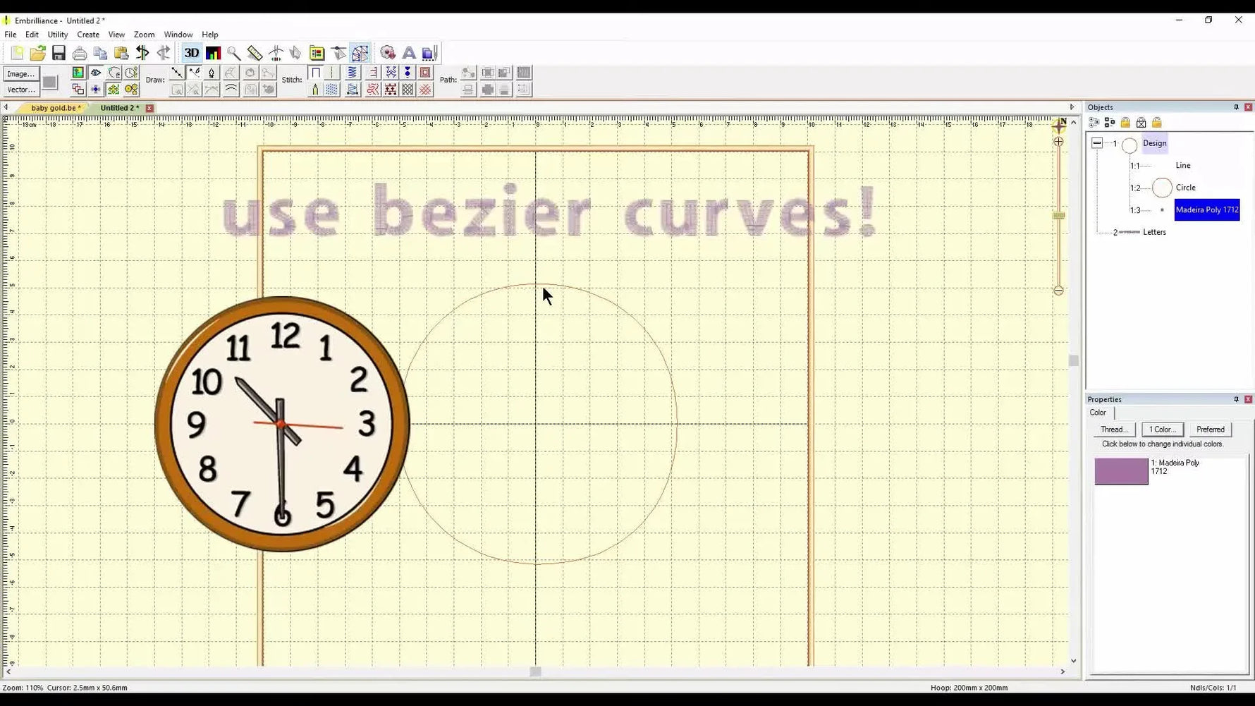 A clock-face graphic over the Embrilliance grid illustrates placing Bezier nodes at 12, 3, 6, and 9 o’clock for a perfect circle.