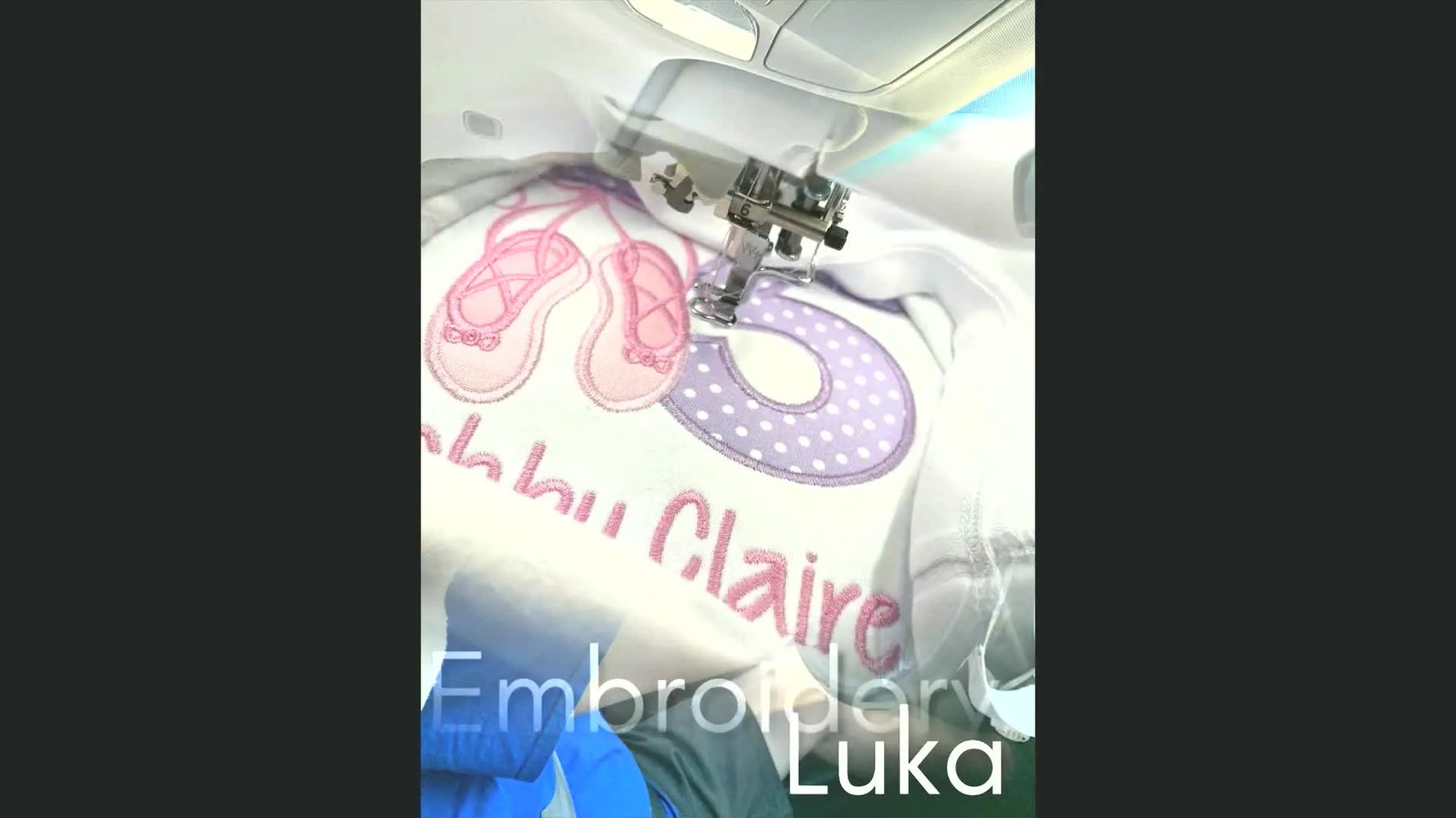Close-up of an embroidery machine stitching a design onto white fabric with pink and purple ballet slippers and the name 'Gabby Claire 6'.