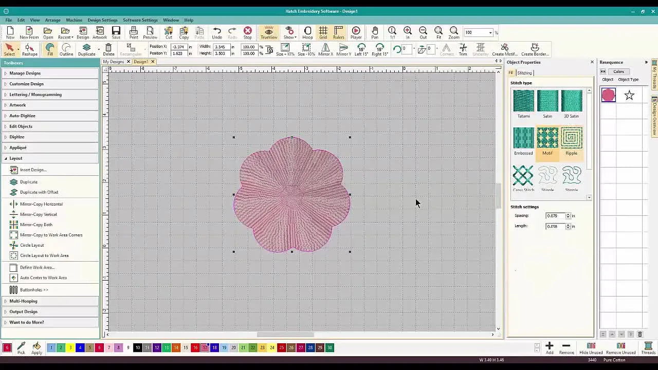 A Wilcom Hatch screen capture showing a merged scalloped shape instantly transformed into a wave-like Ripple Stitch texture.