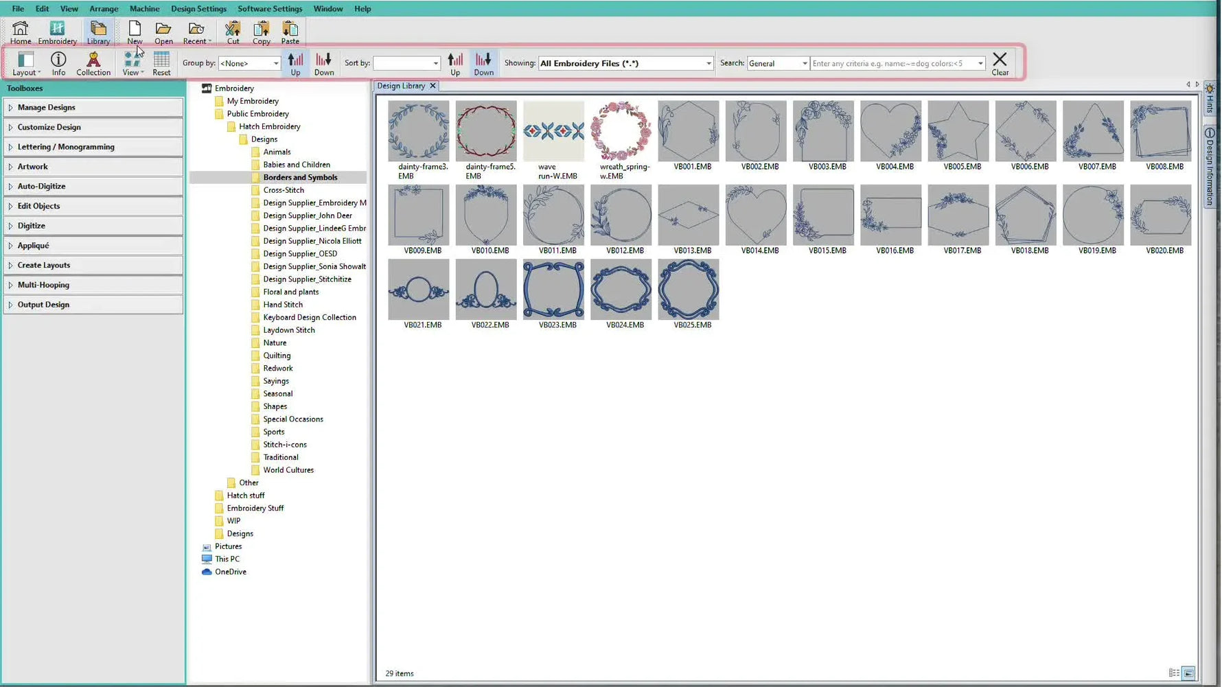 A Hatch Design Library screen capture with the Context Bar highlighted so you can immediately spot the correct toolbar for managing designs.