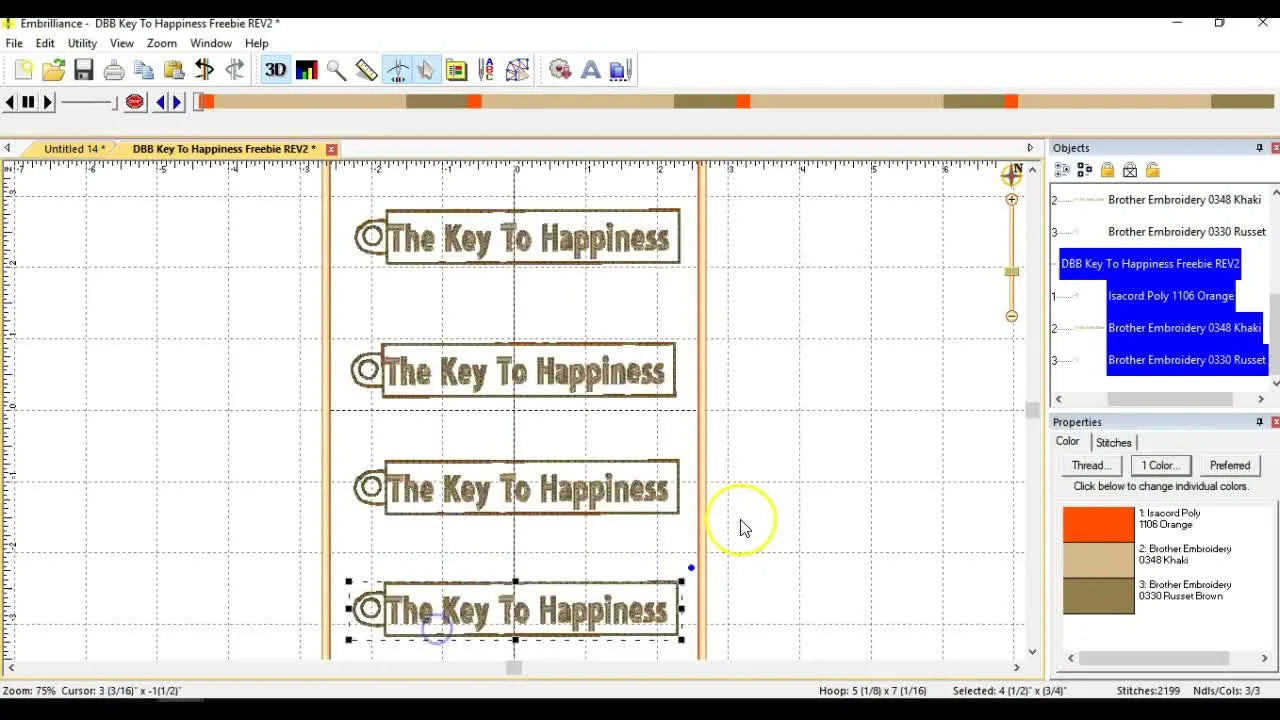 A full 5x7 hoop layout in Embrilliance Essentials showing four vertically aligned copies of the same key fob design, ready for Color Sort batching.