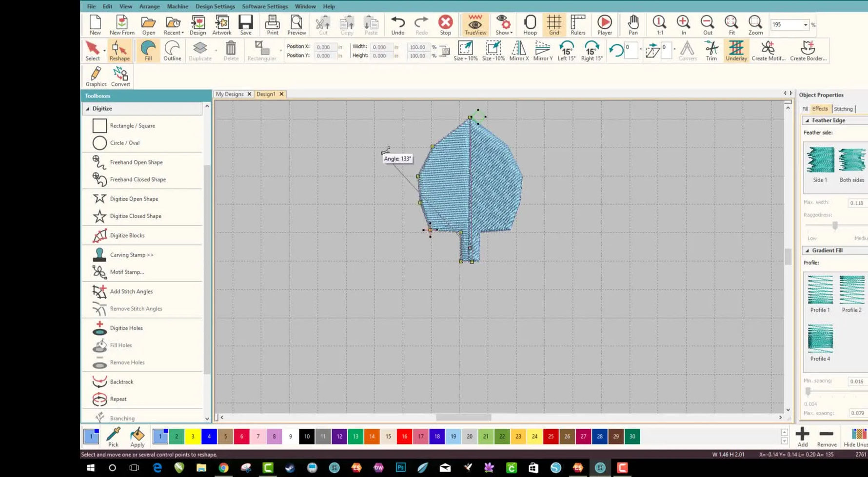 A finished leaf fill in Hatch Embroidery where opposing stitch angles create a realistic center vein and depth in the stitch simulation.