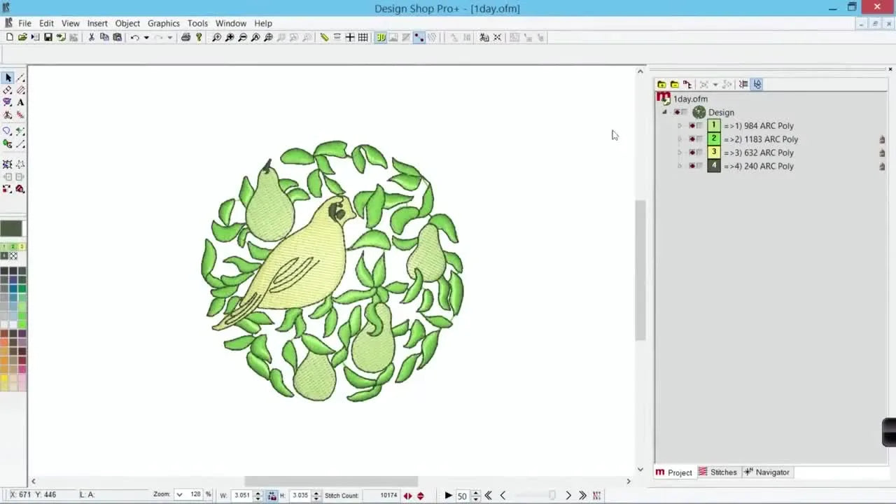 Screen capture of Design Shop Pro+ showing the Project View panel with the Project tab selected and a design loaded.