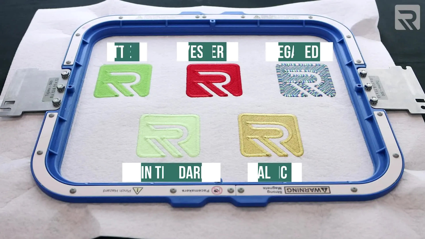 Six identical embroidered logos are stitched side-by-side in different thread finishes to compare shine, texture, and stitch definition at a glance.