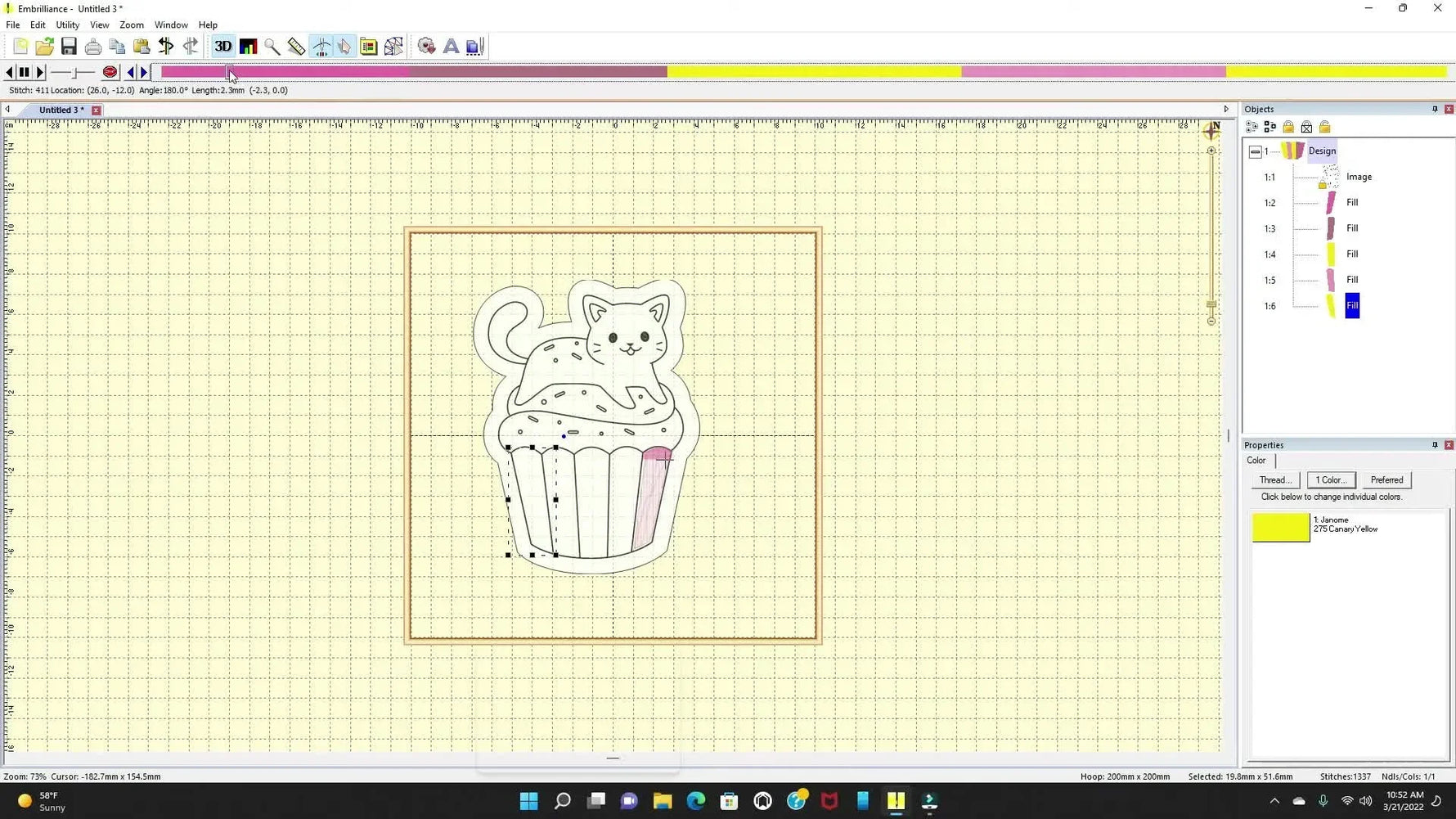 The partially colored cupcake design in Embrilliance, ready for stitch preview.
