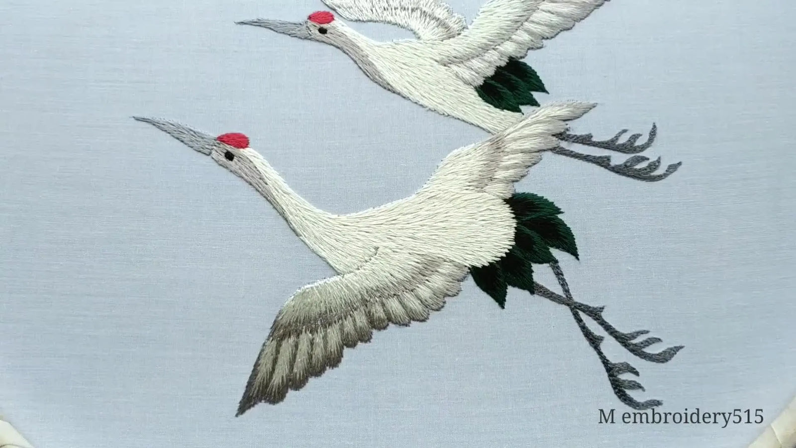From Sketch to Stitch: Two Flying Cranes in Machine Embroidery