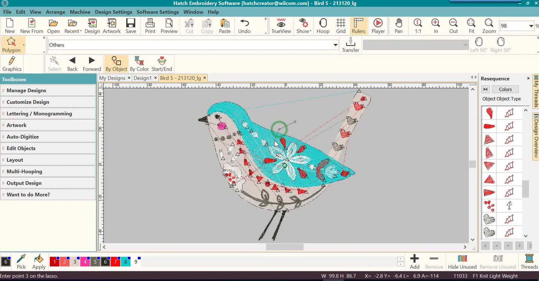A close-up screen capture in Hatch showing a dotted polygon boundary being drawn around a flower element to isolate it from nearby objects.