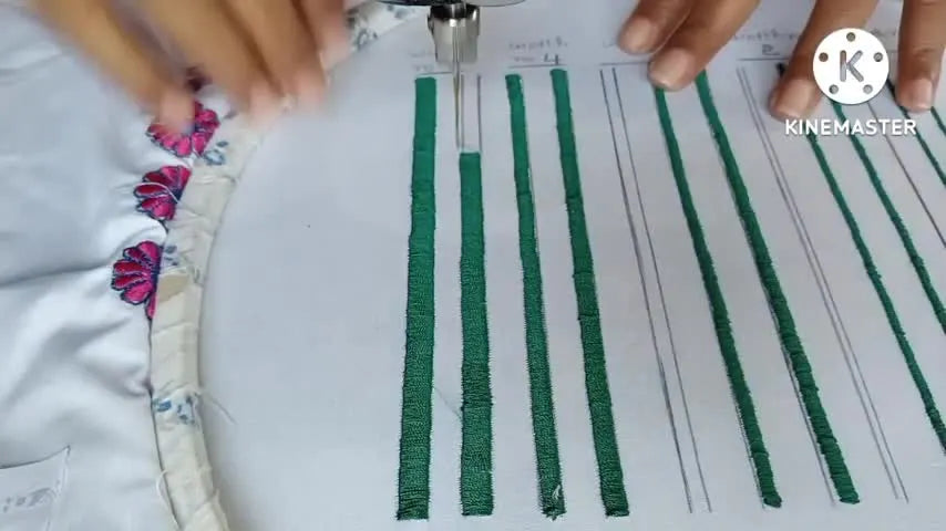 Overhead view of the finished practice sample showing five satin stitch columns from narrow (Width 1) to maximum (Width 5) stitched side-by-side in a hoop.