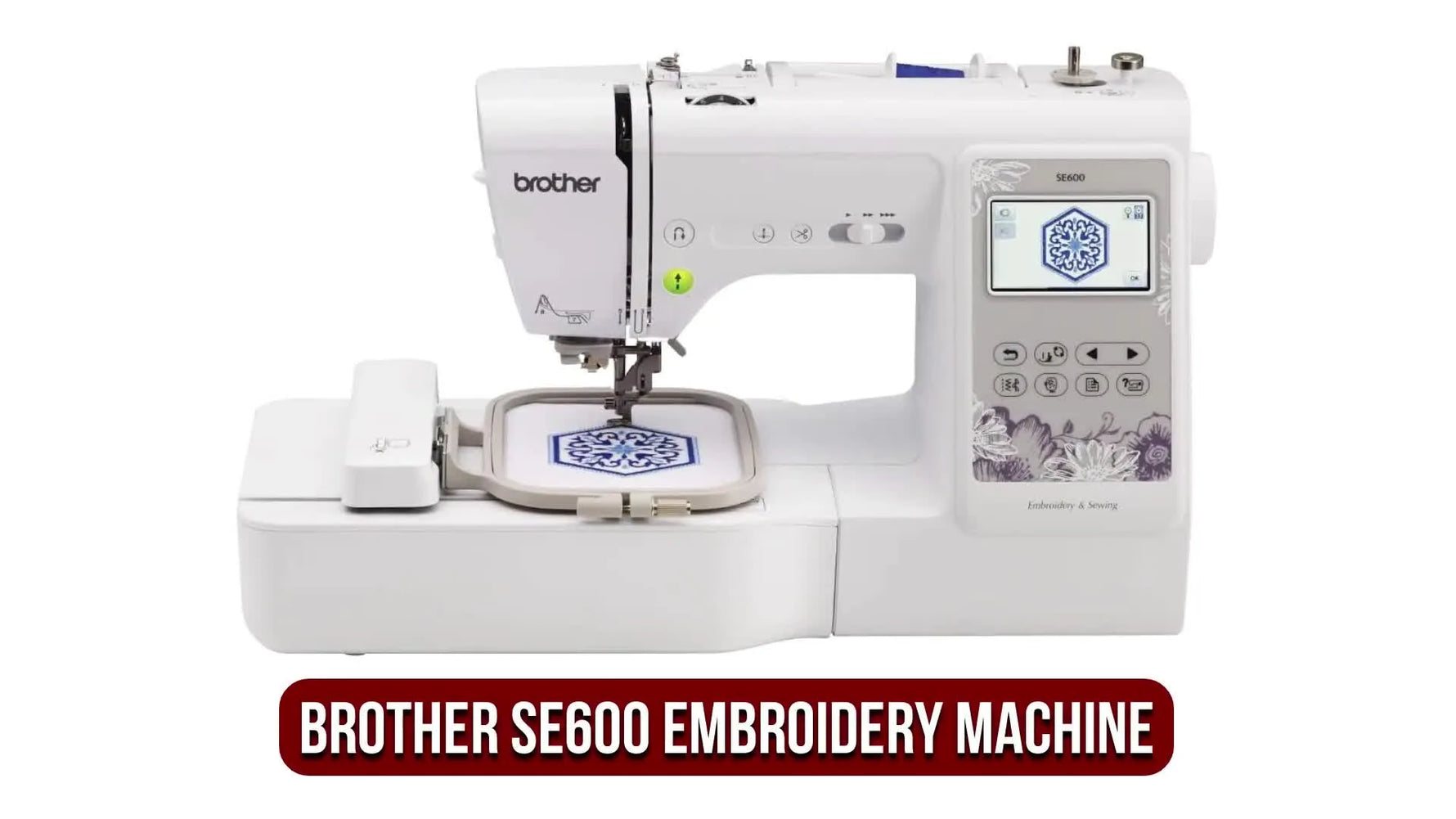 A full view of a Brother SE600 with the embroidery unit attached, showing the compact home setup most beginners start with.