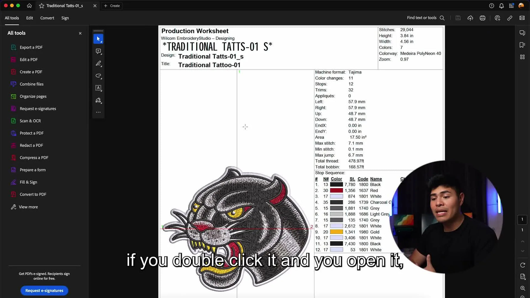 A production worksheet PDF on screen showing stitch count, design dimensions, and color order for an embroidery design.