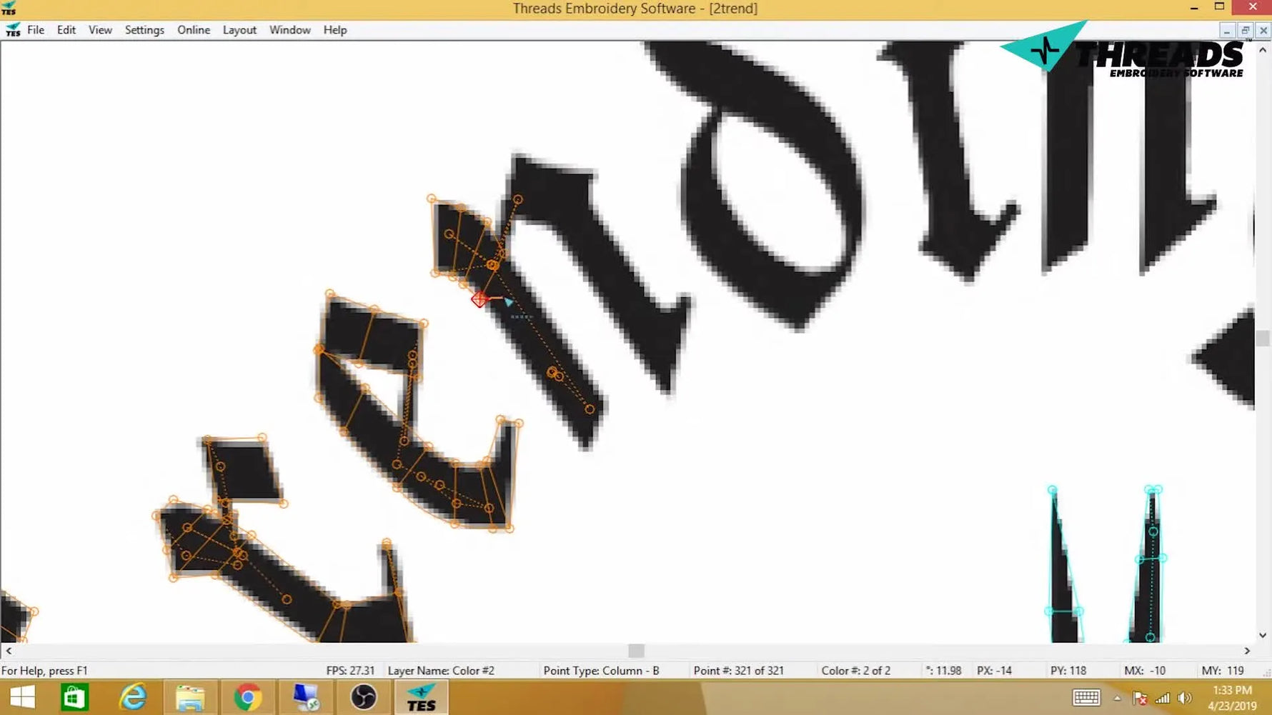A split view shows the letter “n” being digitized in Threads, with column points defining satin width and stitch direction.
