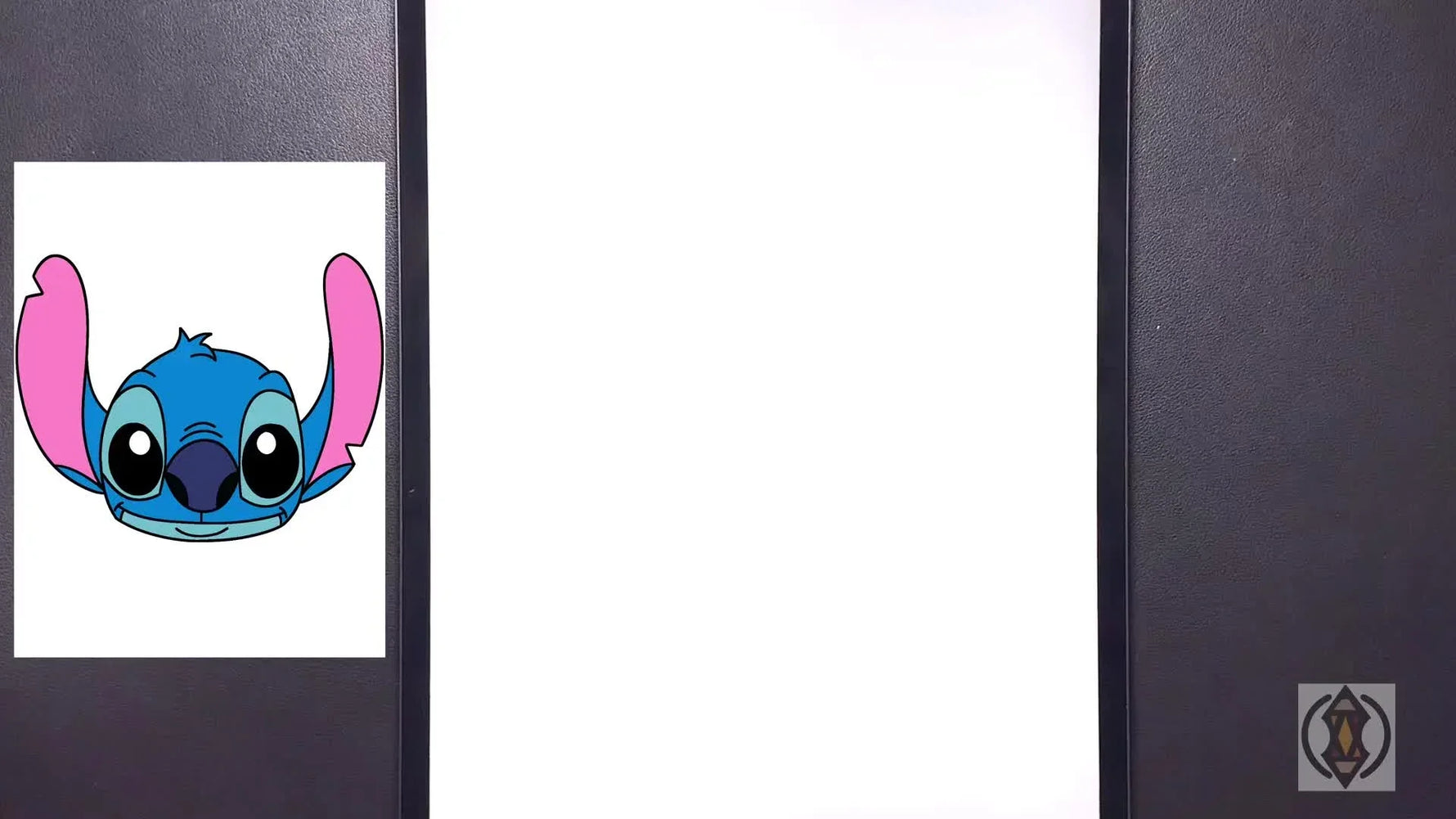 Video introduction showing a completed colored drawing of Stitch next to a blank canvas.