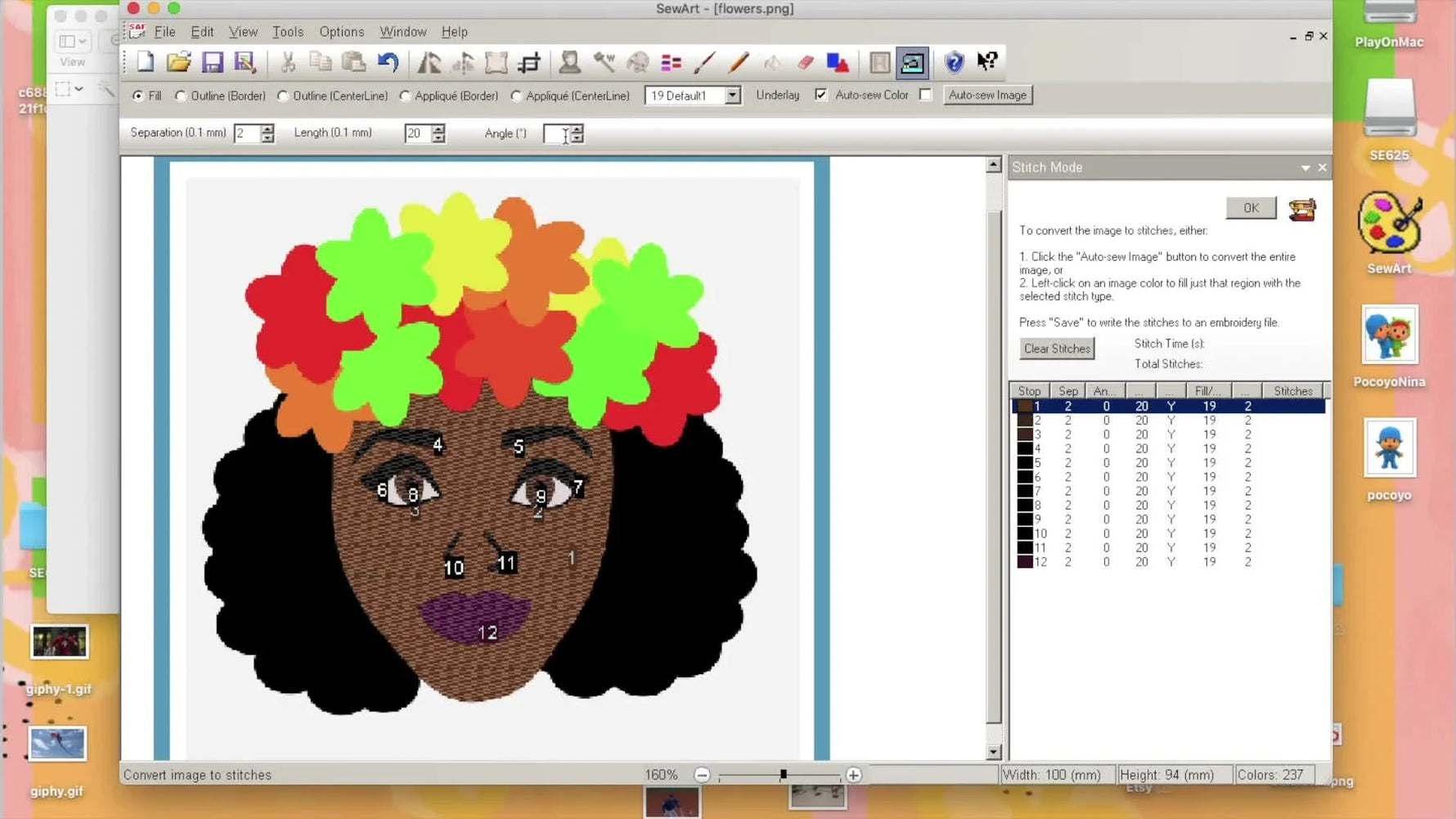 SewArt’s angle settings being adjusted to create texture and dimension in the hair area before exporting to a Brother PES file.