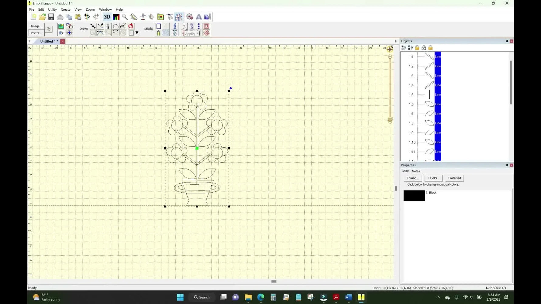 A screen capture shows the applique (blanket stitch) button being used in Embrilliance StitchArtist to convert the selected vector artwork into stitches.