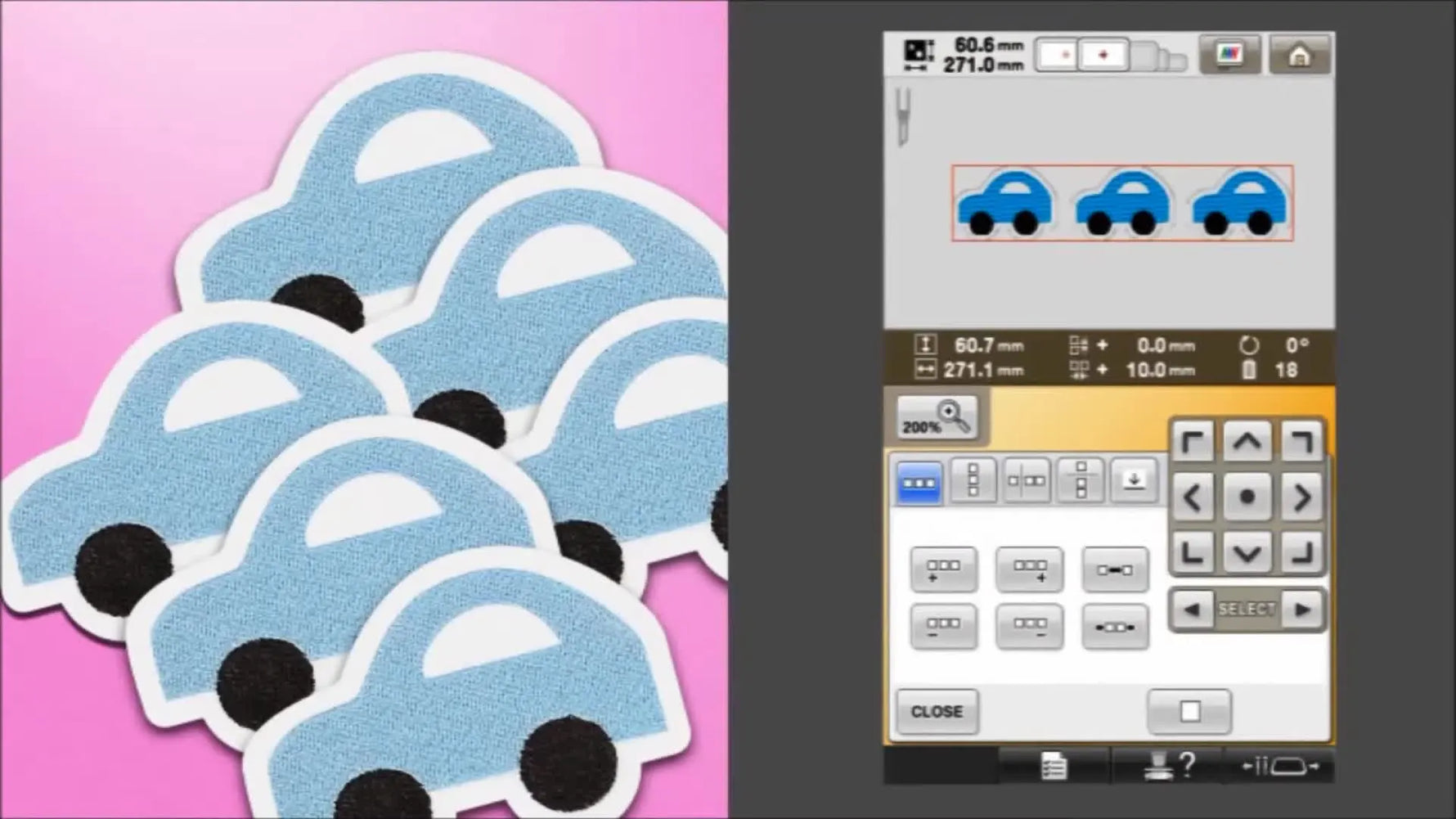 Embroidery software showing an array of three blue car designs arranged horizontally in a row, with spacing controls highlighted.