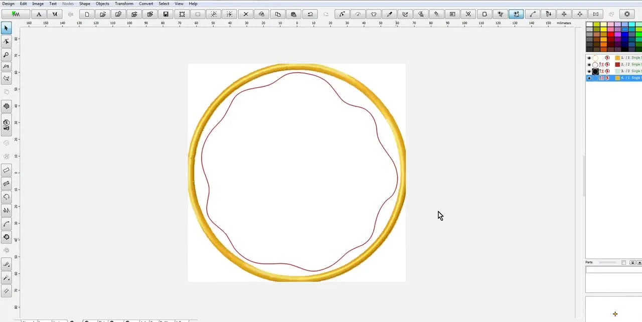 A screen capture showing the donut shape with a bold gold satin stitch border generated around the outer edge.