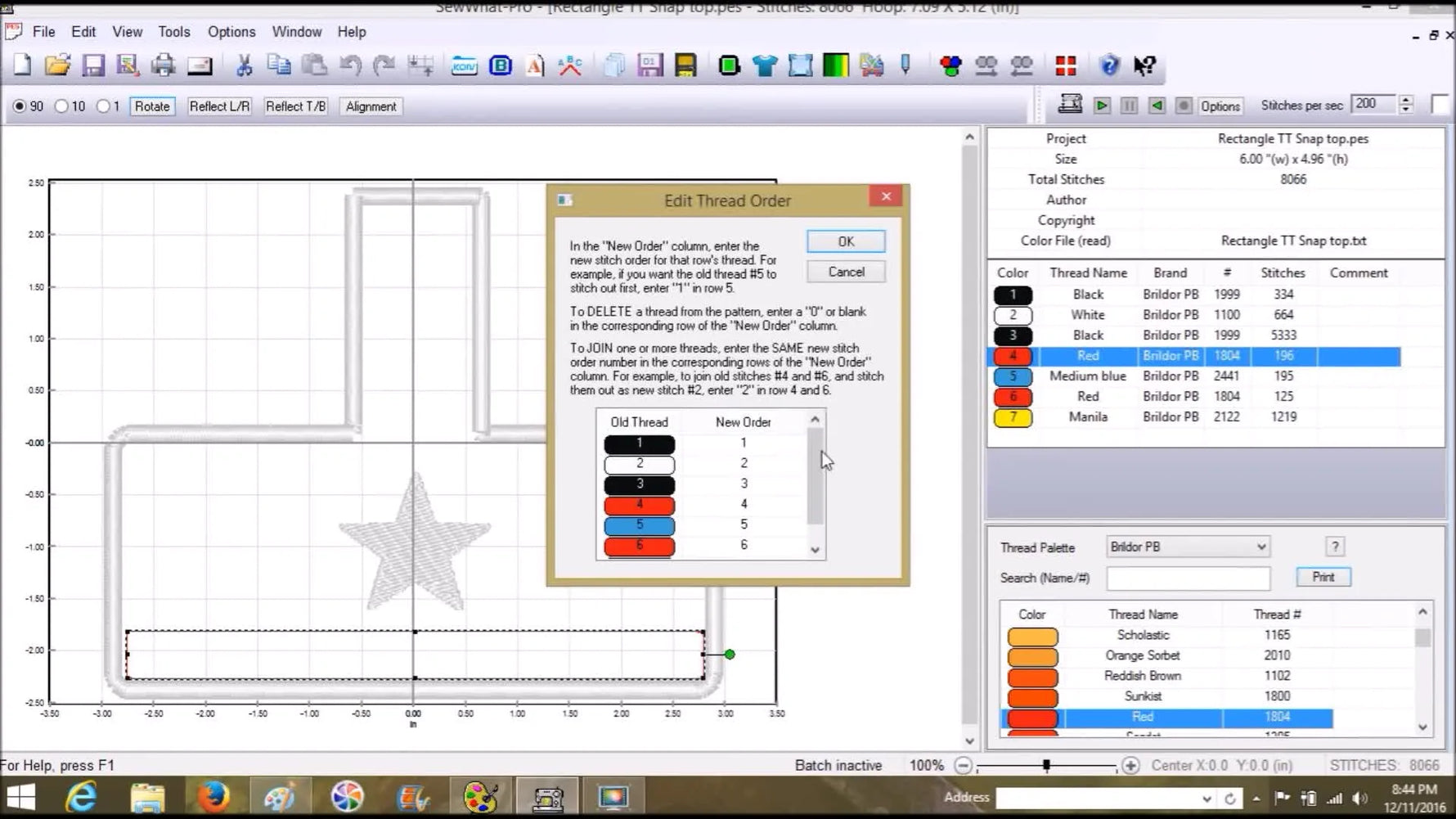 A screen capture of SewWhat‑Pro’s “Order Threads” window where stitch steps are manually renumbered into a machine-friendly applique sequence.