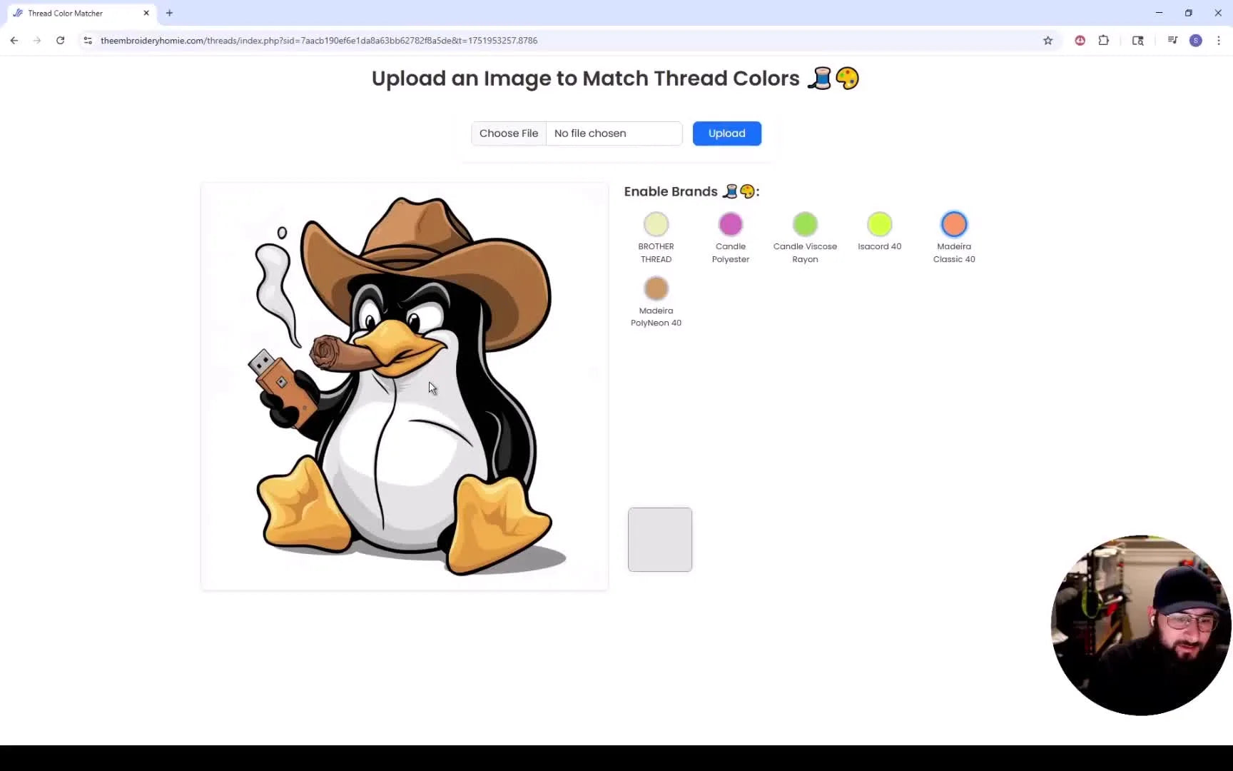 A screen capture of the Color Matcher Tool showing the penguin artwork and the top matching thread results with a high match percentage.