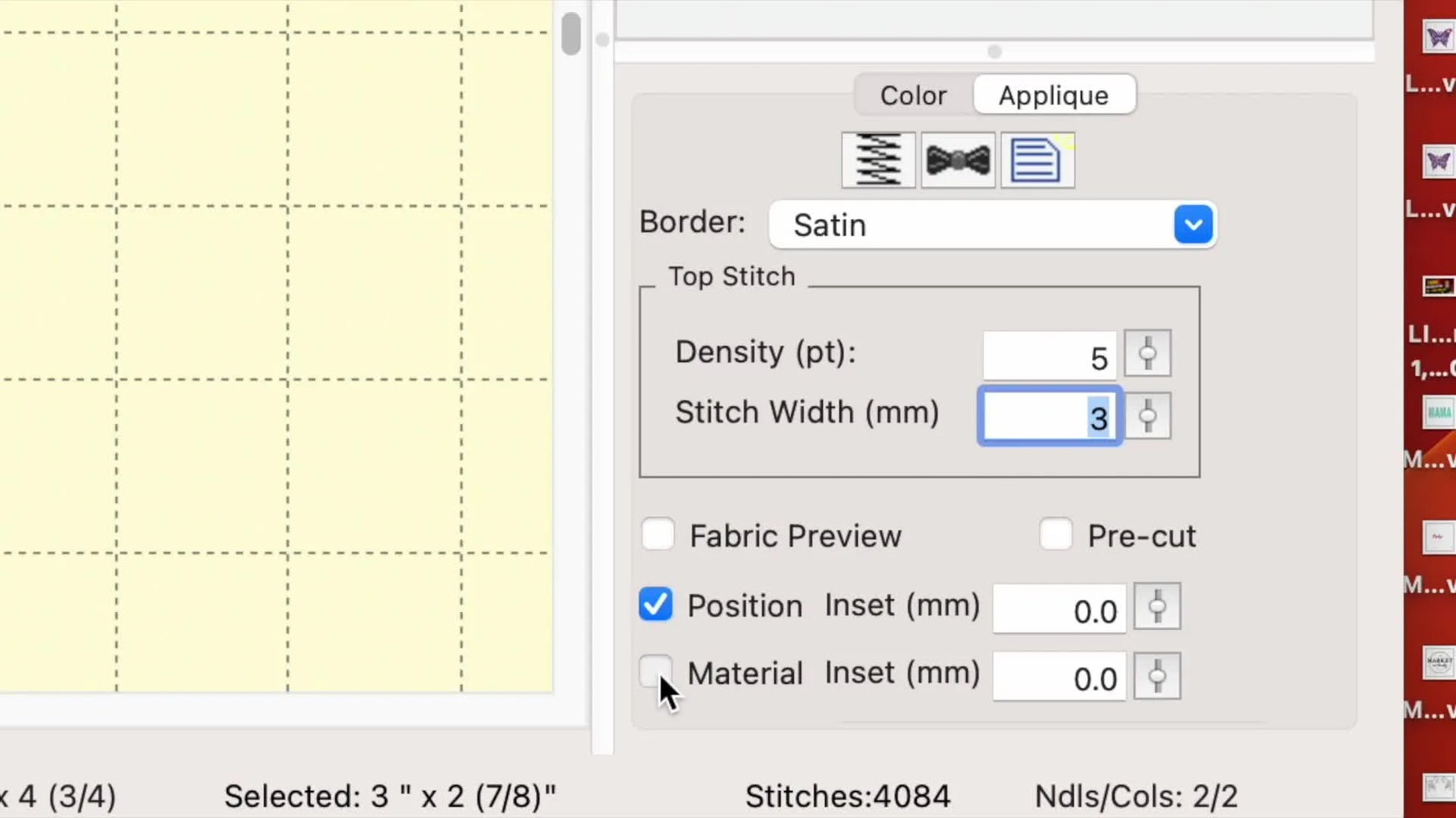 A screen capture of Embrilliance’s appliqué settings with the Material checkbox enabled so the design includes a tack-down stop.