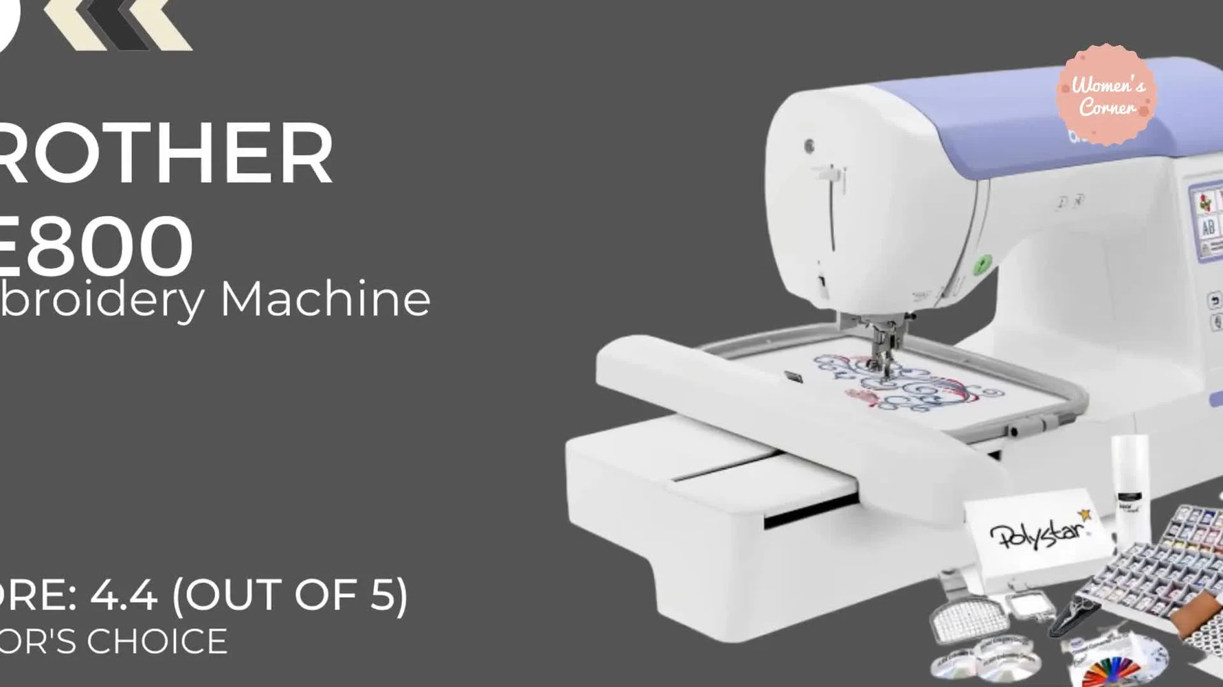 A wide product shot of the Brother PE800 labeled as Editor’s Choice with its accessories laid out beside it.