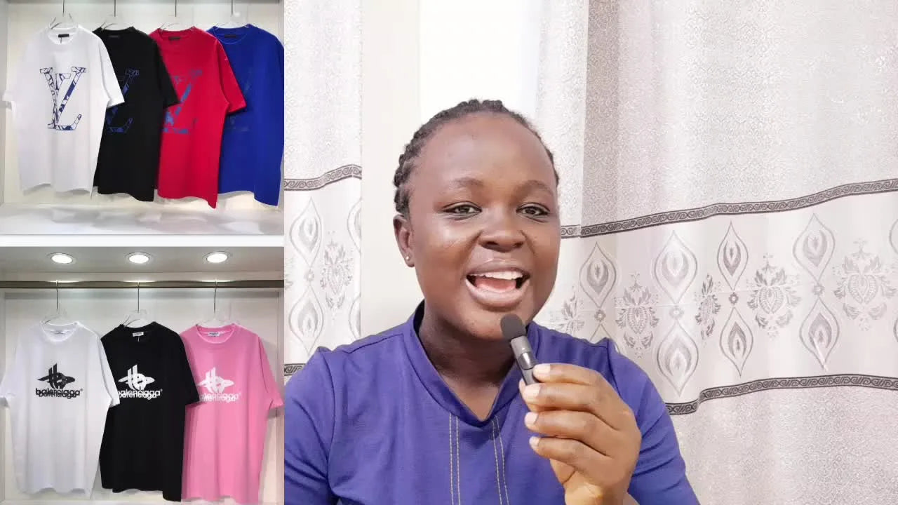 A woman speaking directly to the camera, with a split screen showing various styled T-shirts on hangers.